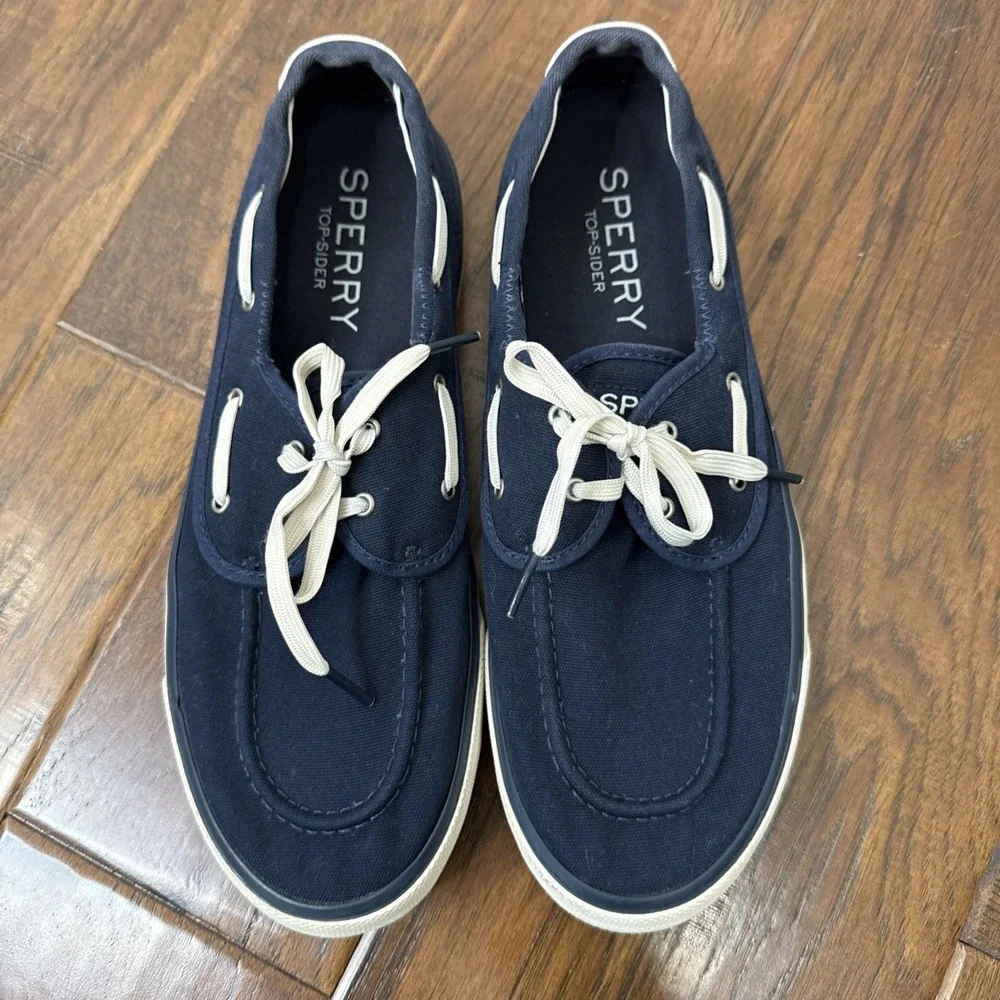 Sperry Top-Sider Canvas Boat Shoes Men's 8.5 Navy Deck Loafers Lace Up Nautical